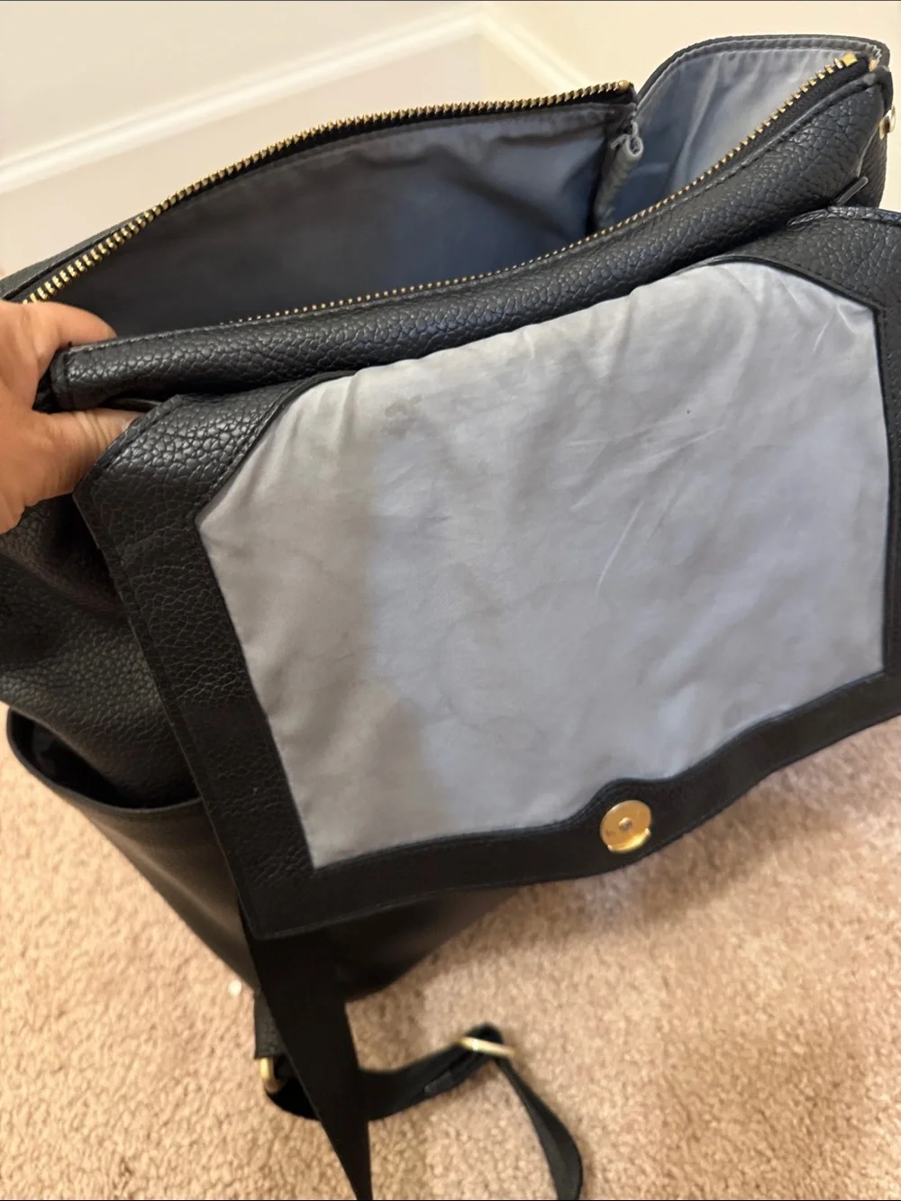 Freshly picked black leather diaper bag